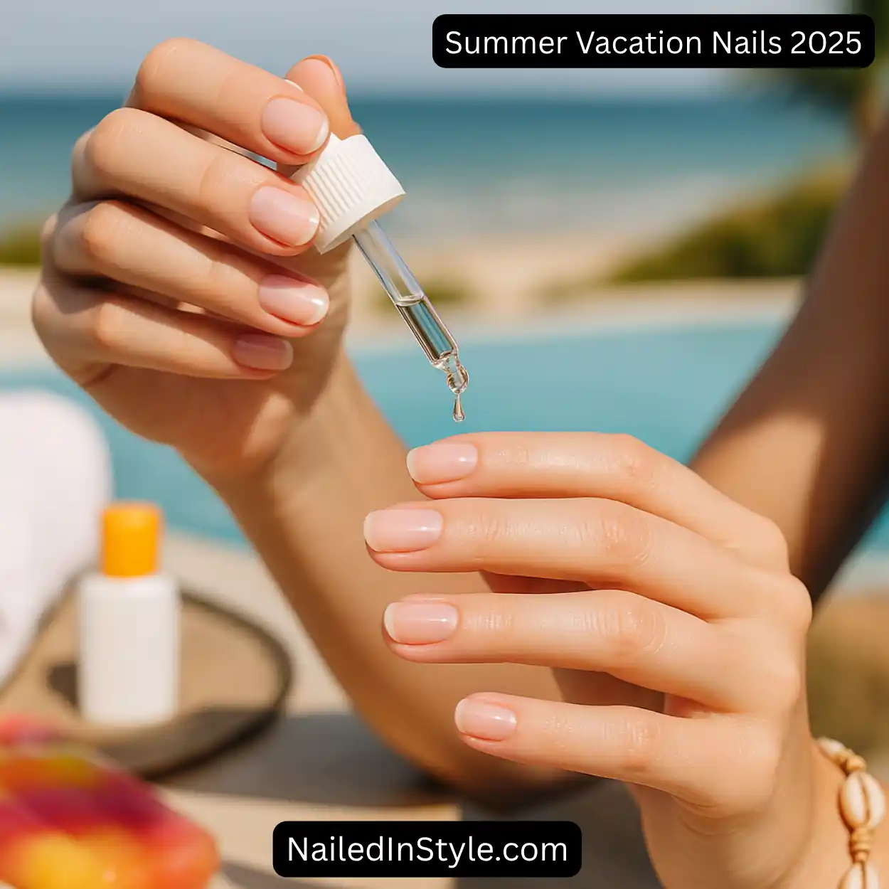 Fair-toned hands applying cuticle oil with a dropper, showcasing short nails in a sheer pink polish and wearing a shell bracelet, with a pool towel and ocean in the blurred background.