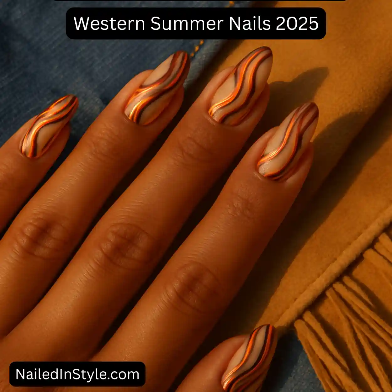 Close-up of medium-toned hand with almond-shaped nails featuring metallic chrome copper swirl nail art. The background includes mustard fringe suede and blue denim for a desert Western vibe.