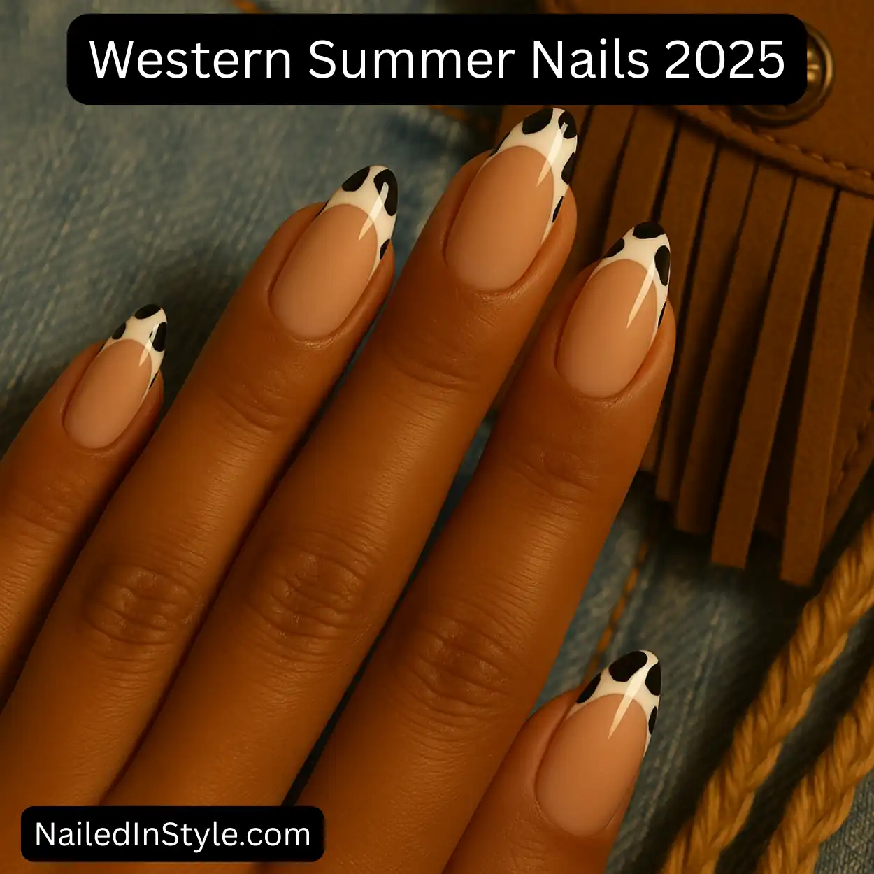 Close-up of a medium-toned hand with almond-shaped nails featuring nude base and black-and-white cow print French tips