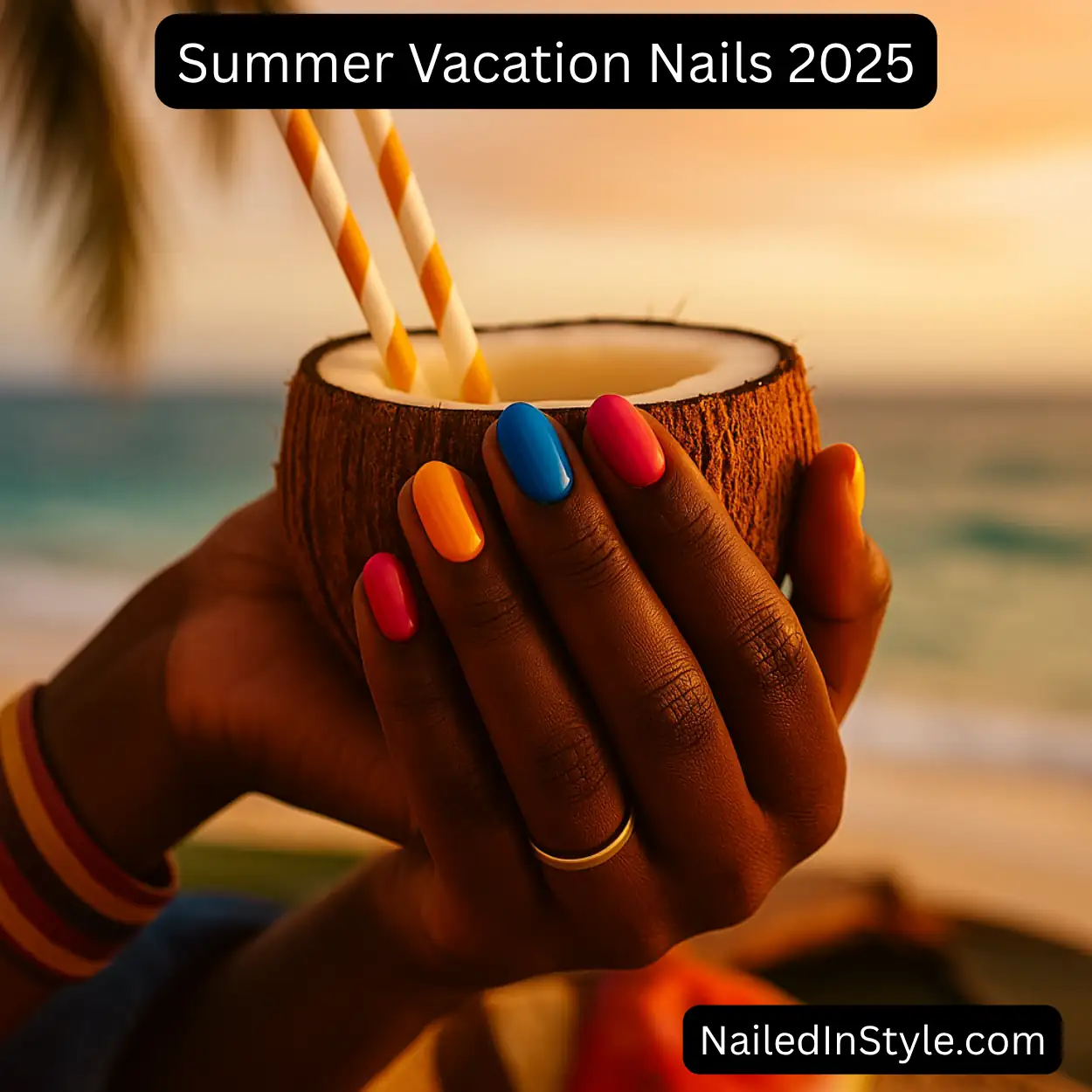 Deep brown hand holding a coconut drink, nails in bright yellow, electric blue, fuchsia, and warm red near an ocean sunset.