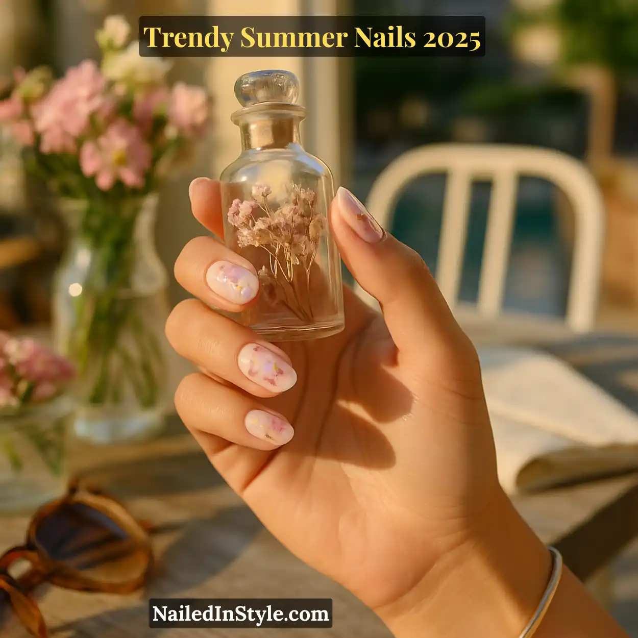 Trendy Summer Nails 2026: Top Designs, Colors & Ideas for the Season 4 Fair-toned hand holding a small glass bottle of dried pink and lilac wildflowers, showcasing medium-length rounded almond nails with a sheer milky-white base and delicate dried flower accents.