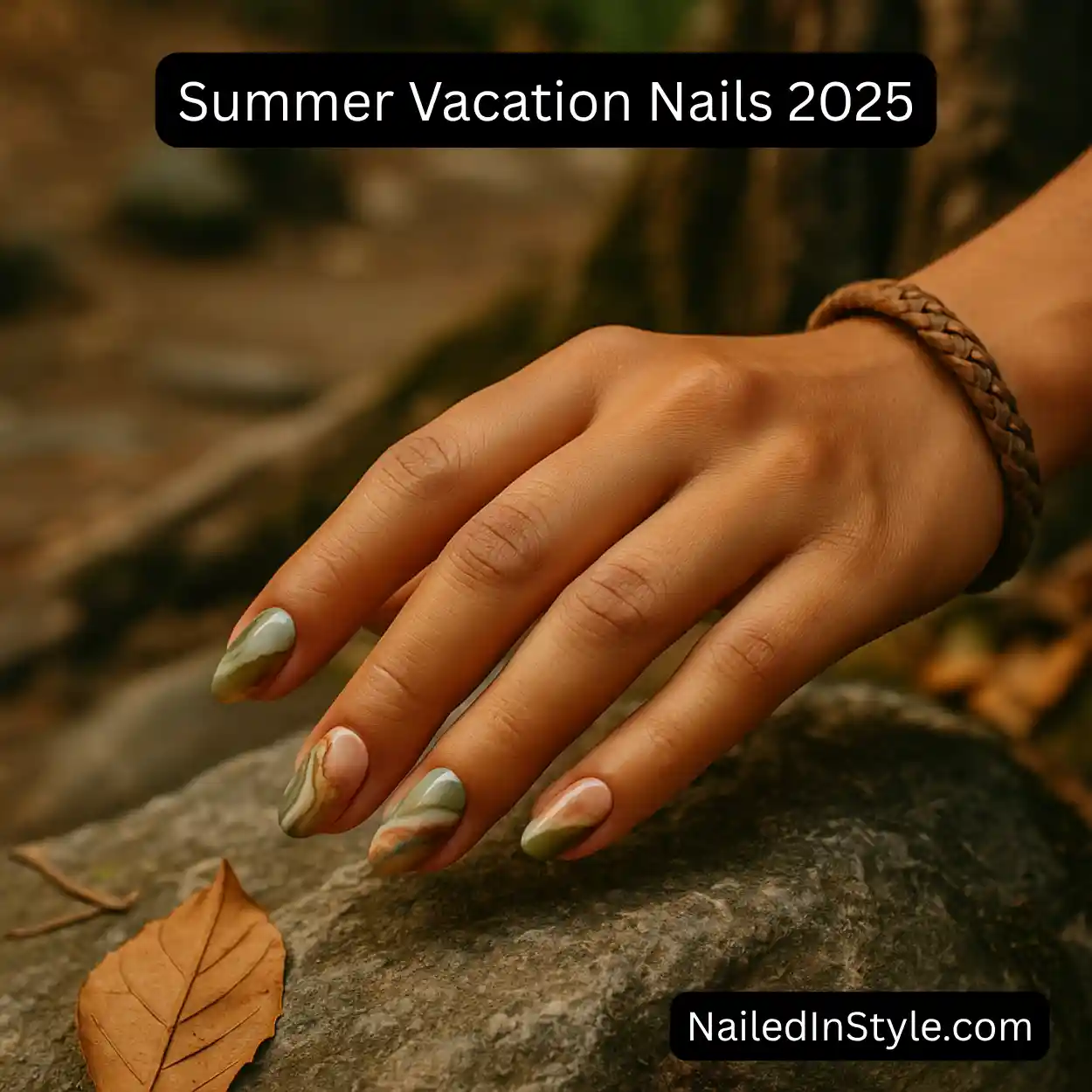 Medium-toned hand resting on a textured stone, showcasing medium-length squoval nails with clay brown, sandy beige, and moss green marbled swirls, and wearing a natural leather wrap bracelet.