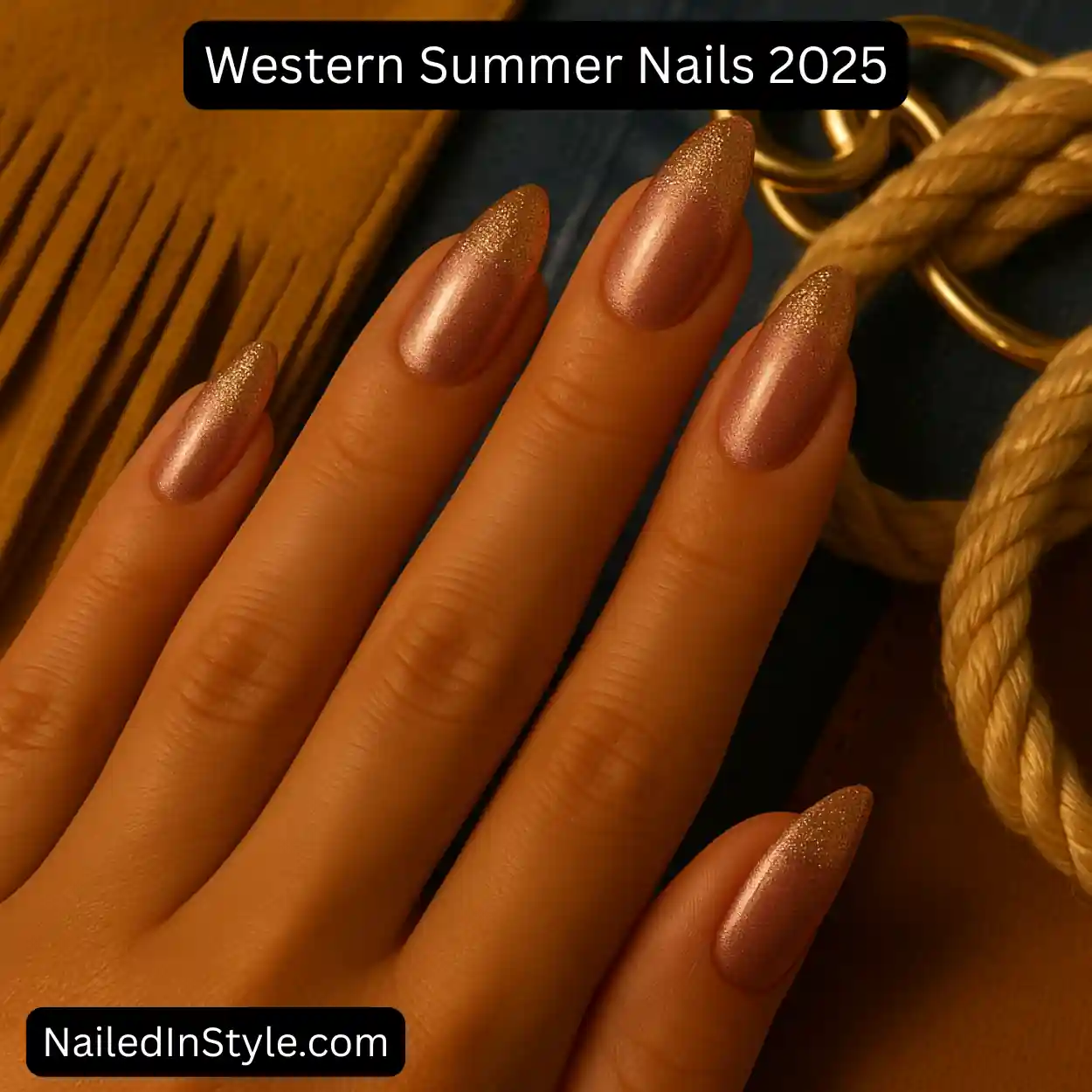 Close-up of a fair-toned hand with almond-shaped rose gold nails, featuring glittery gold tips. The hand rests on suede fringe, denim, and rope under golden lighting.