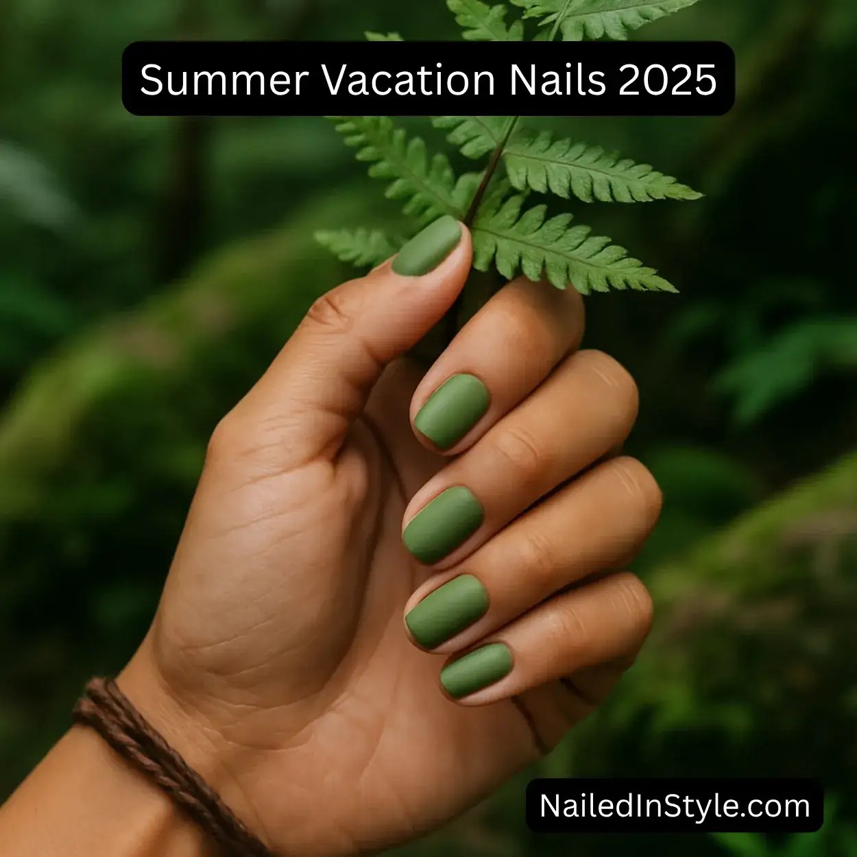 Warm-toned hand holding a dewy fern leaf, showcasing short oval matte olive-green nails and a rugged leather cord bracelet.