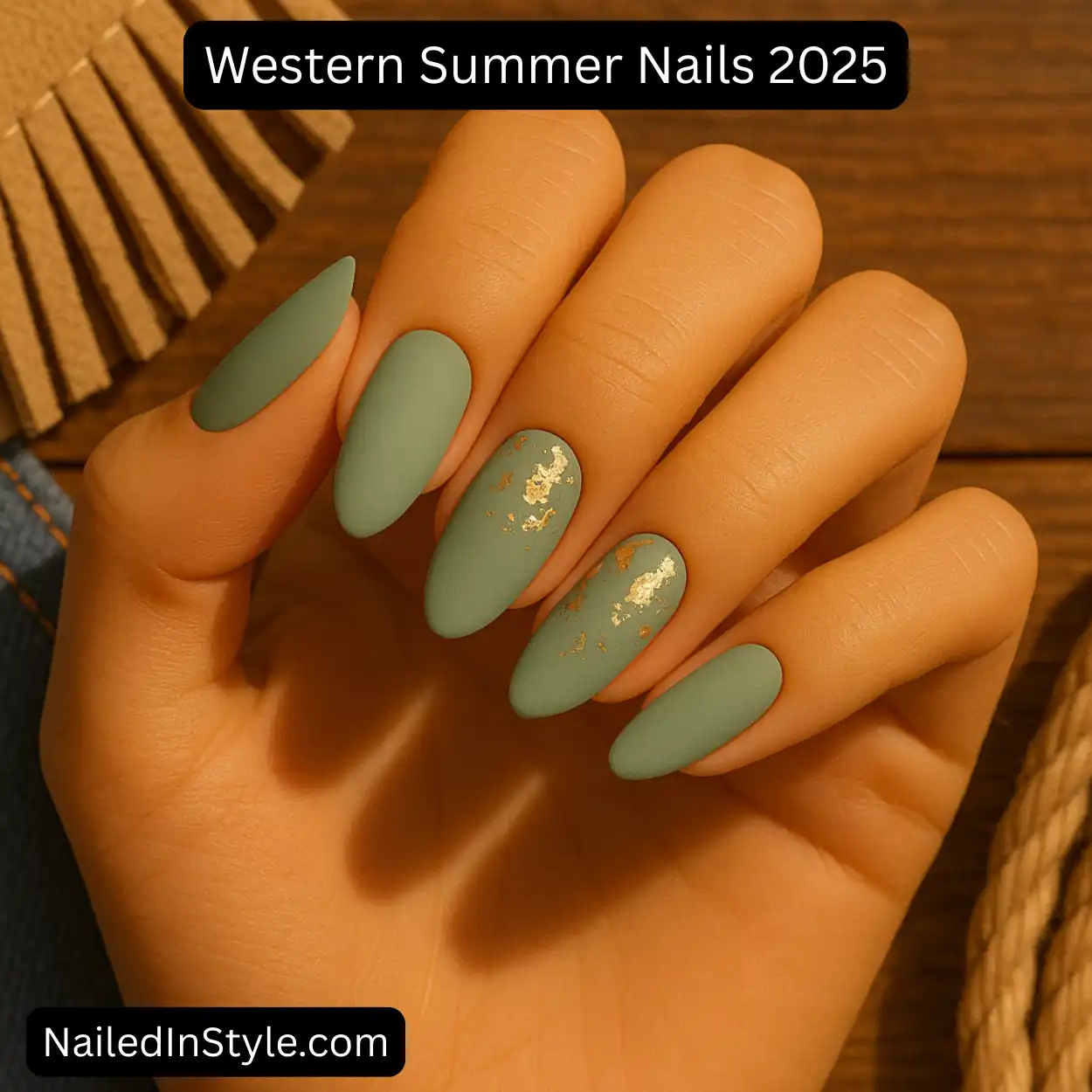 Close-up of a medium-toned hand with matte sage green almond nails, accented by gold foil flakes, styled against wood, fringe, and rope under warm lighting.
