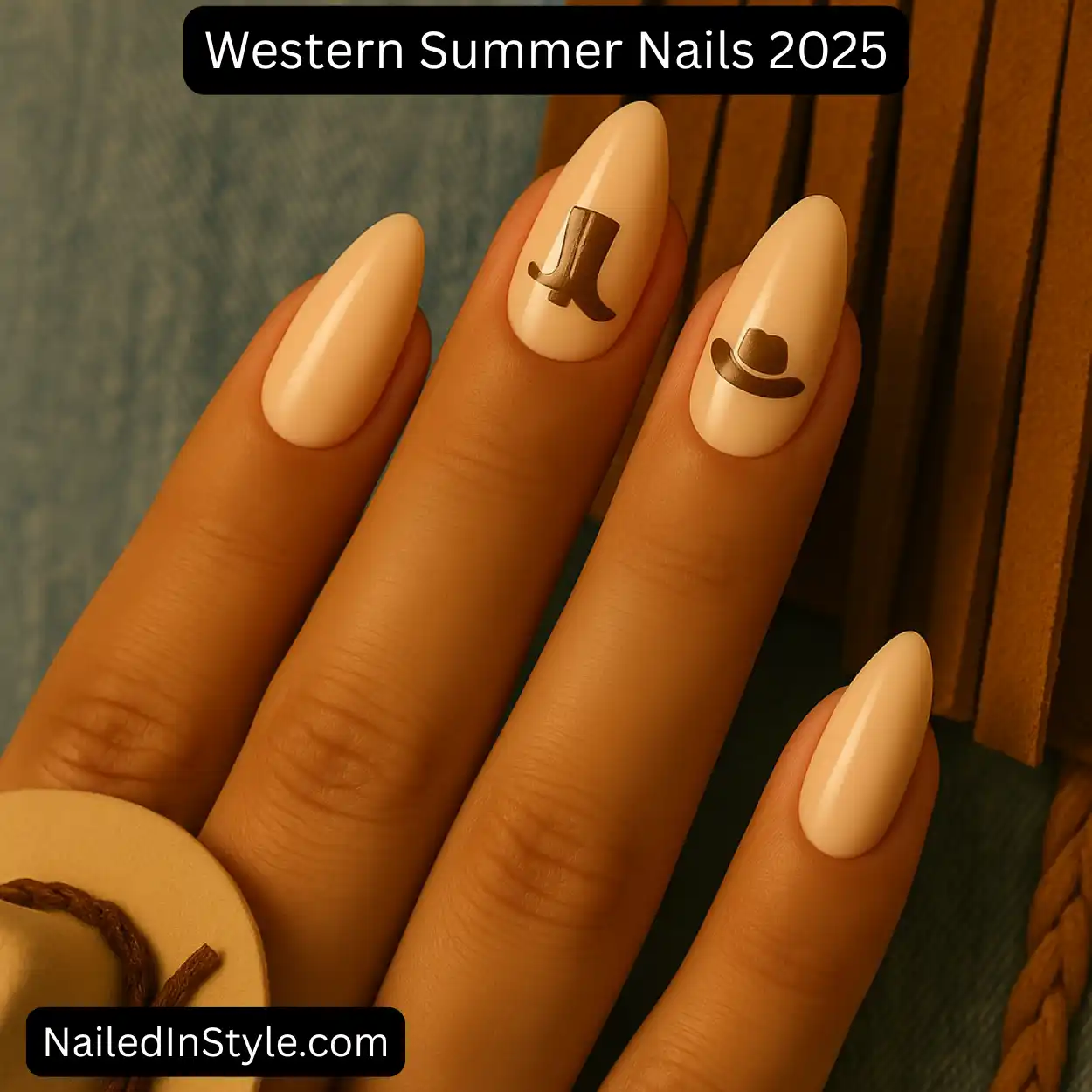 A close-up of a woman's hand with almond-shaped nude nails, two featuring tiny cowboy hat and boot decals in dark brown and white