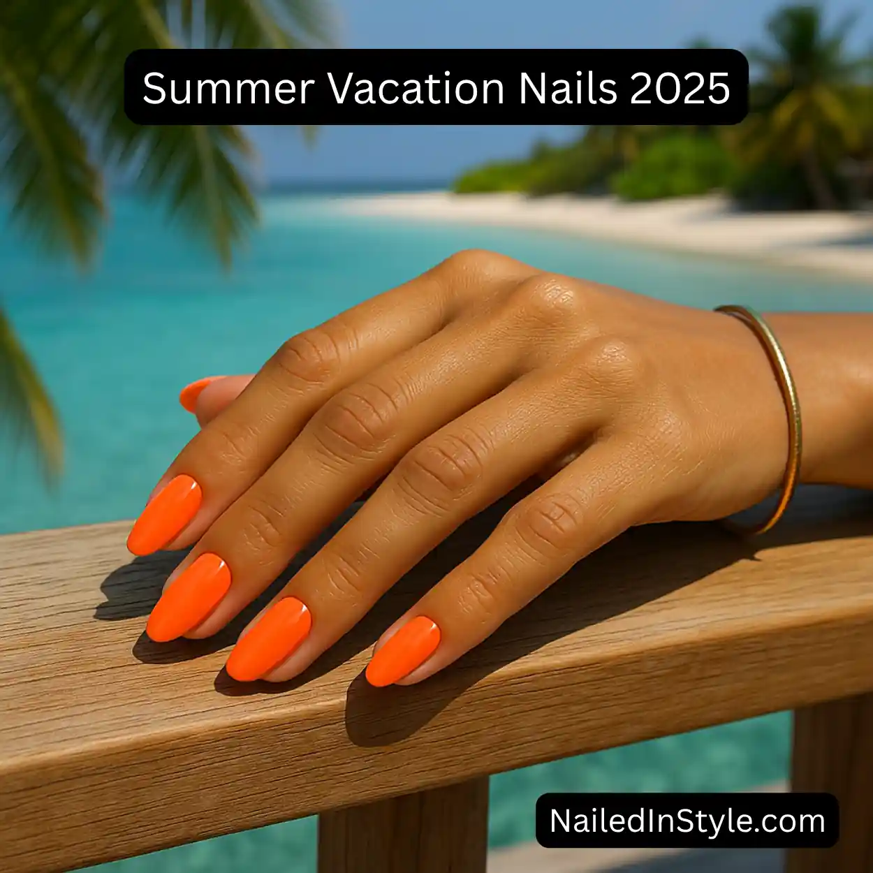 Warm-toned hand resting on a wooden cabana railing, showcasing medium-length neon orange almond nails with a glossy finish and a thin gold cuff bracelet.