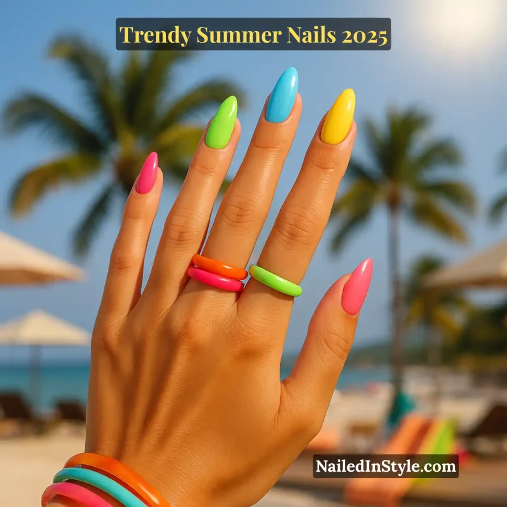 Fair-toned hand with long almond nails in hot pink, lime green, electric blue, sunny yellow, and coral, wearing matching neon stackable rings against a blurred beach backdrop with palm trees.