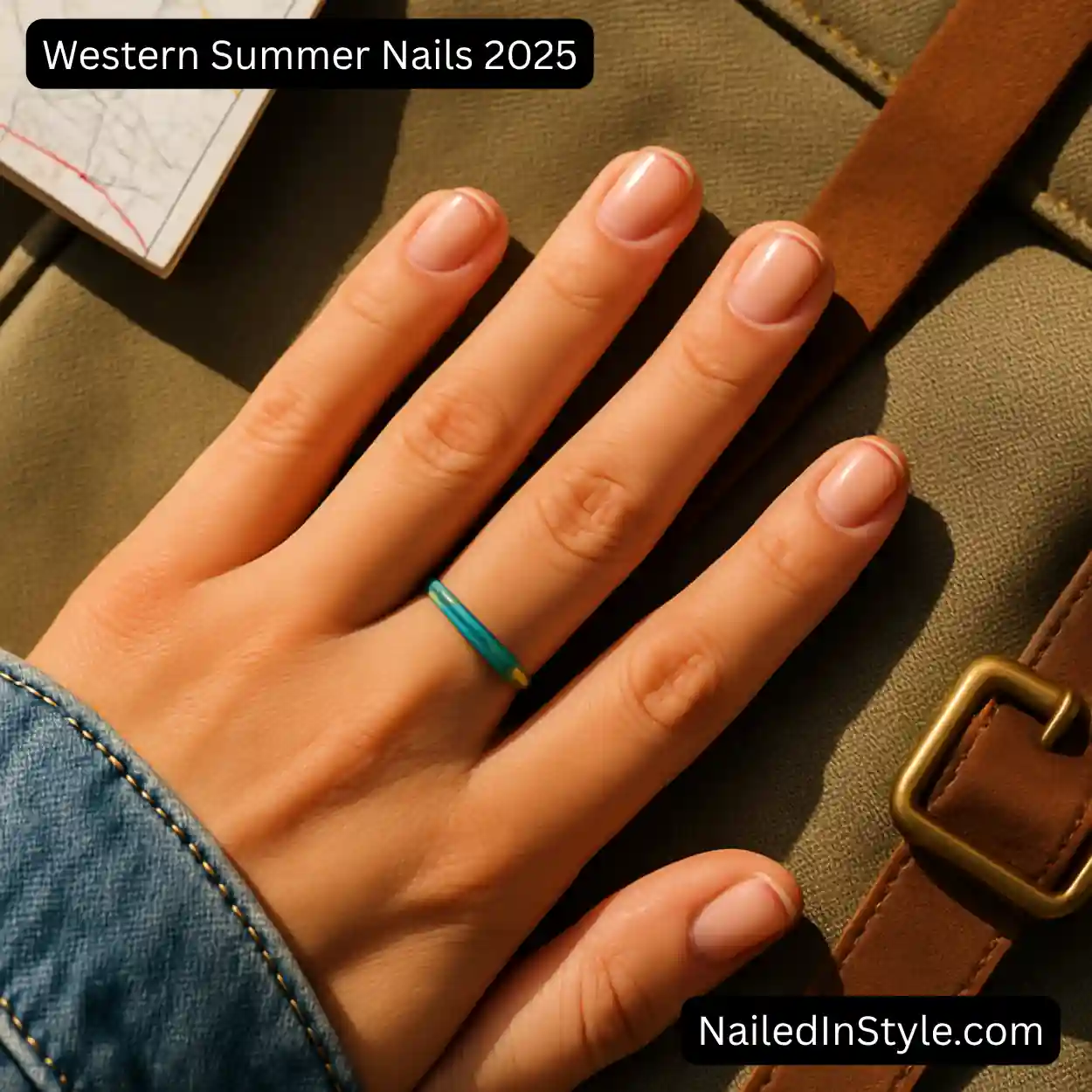 Top-down view of a medium-toned hand on a sage canvas backpack; short squoval nude-gel nails with slim copper stripes, denim sleeve, leather strap, brass buckle, and map edge in desert sun.
