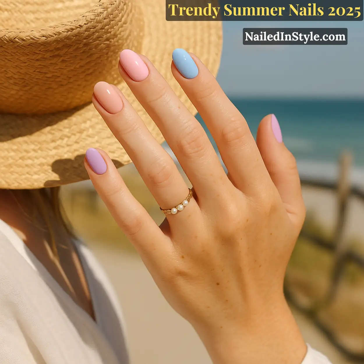Trendy Summer Nails 2026: Top Designs, Colors & Ideas for the Season 9 Fair-toned hand lifting a straw sun hat, showcasing short almond nails in baby pink, soft peach, icy lavender, and sky blue, accented by a pearl ring and freckled wrist.