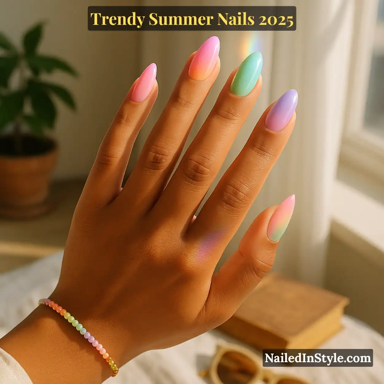 Trendy Summer Nails 2026: Top Designs, Colors & Ideas for the Season 14 Medium-toned hand lifted toward a sunbeam, showcasing medium-length almond nails with a pastel rainbow ombré gradient—pink to lavender—and a matching rainbow-beaded bracelet.