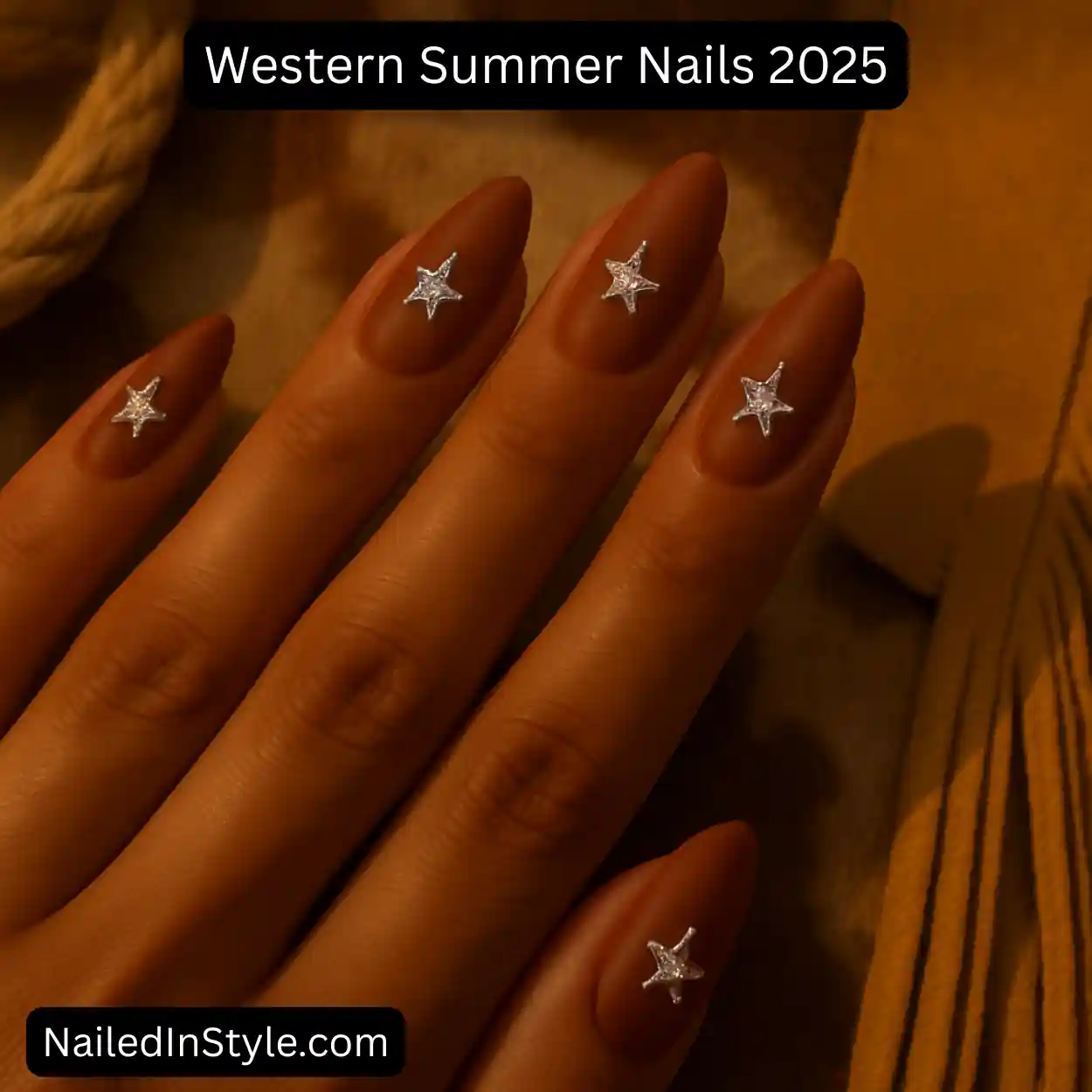 Close-up of medium-toned hand with almond-shaped brown nails, each decorated with silver rhinestone star accents. Background includes rope, suede, and cowhide textures under golden light.