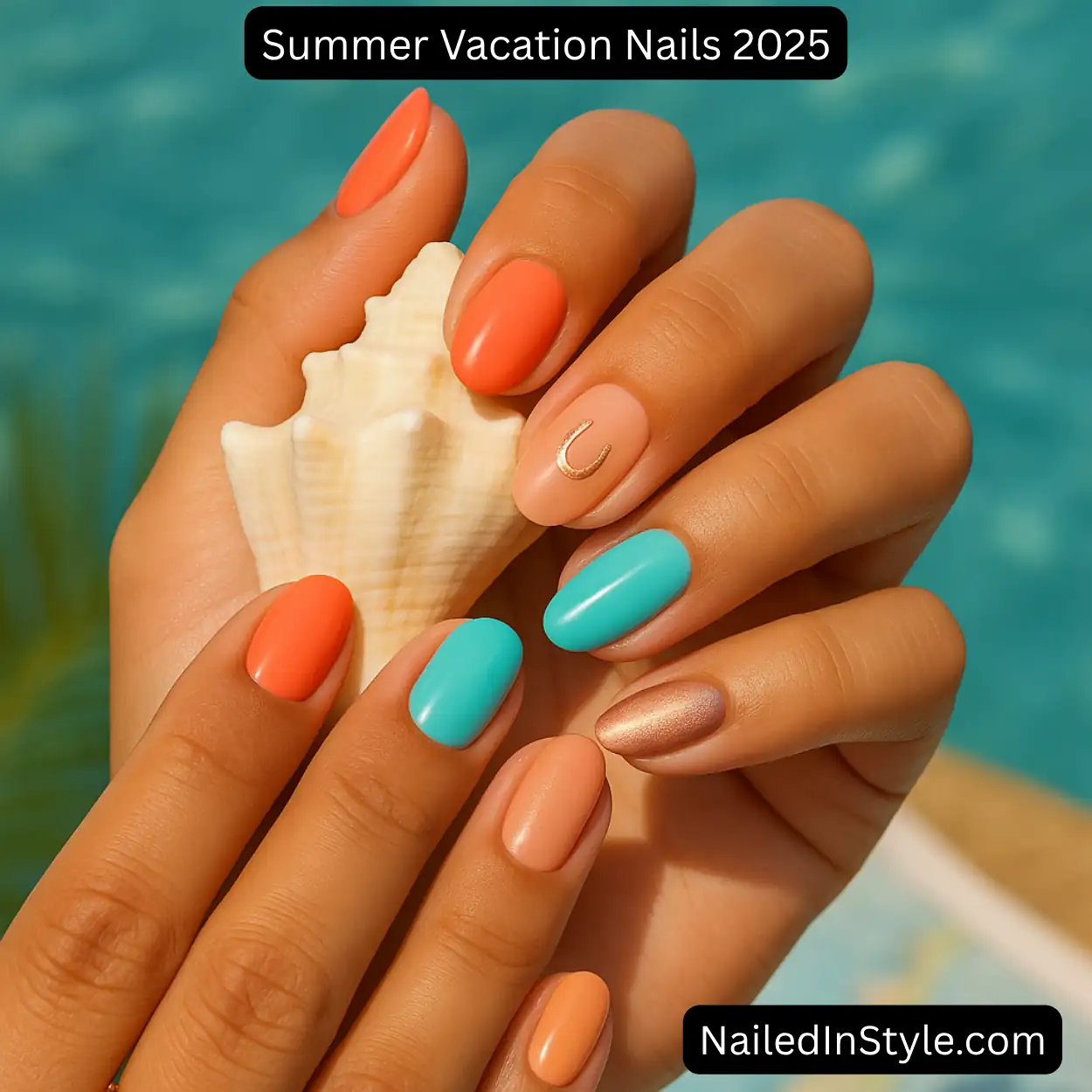 Medium-toned hands holding a seashell with short almond nails in coral, peach, aqua, and rose-gold shimmer against turquoise pool water.