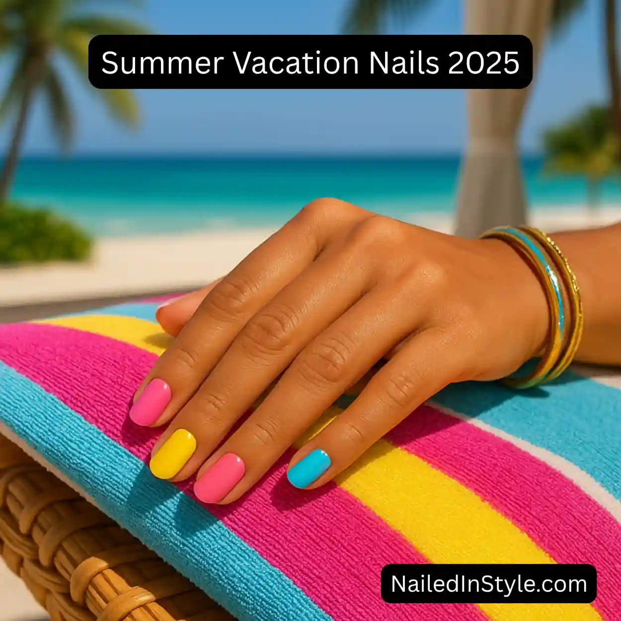 Warm-toned hand resting on a striped beach towel, showcasing short squoval nails color-blocked in bubblegum pink, sunny yellow, and aqua blue, accented with a stack of gold and resin bracelets.