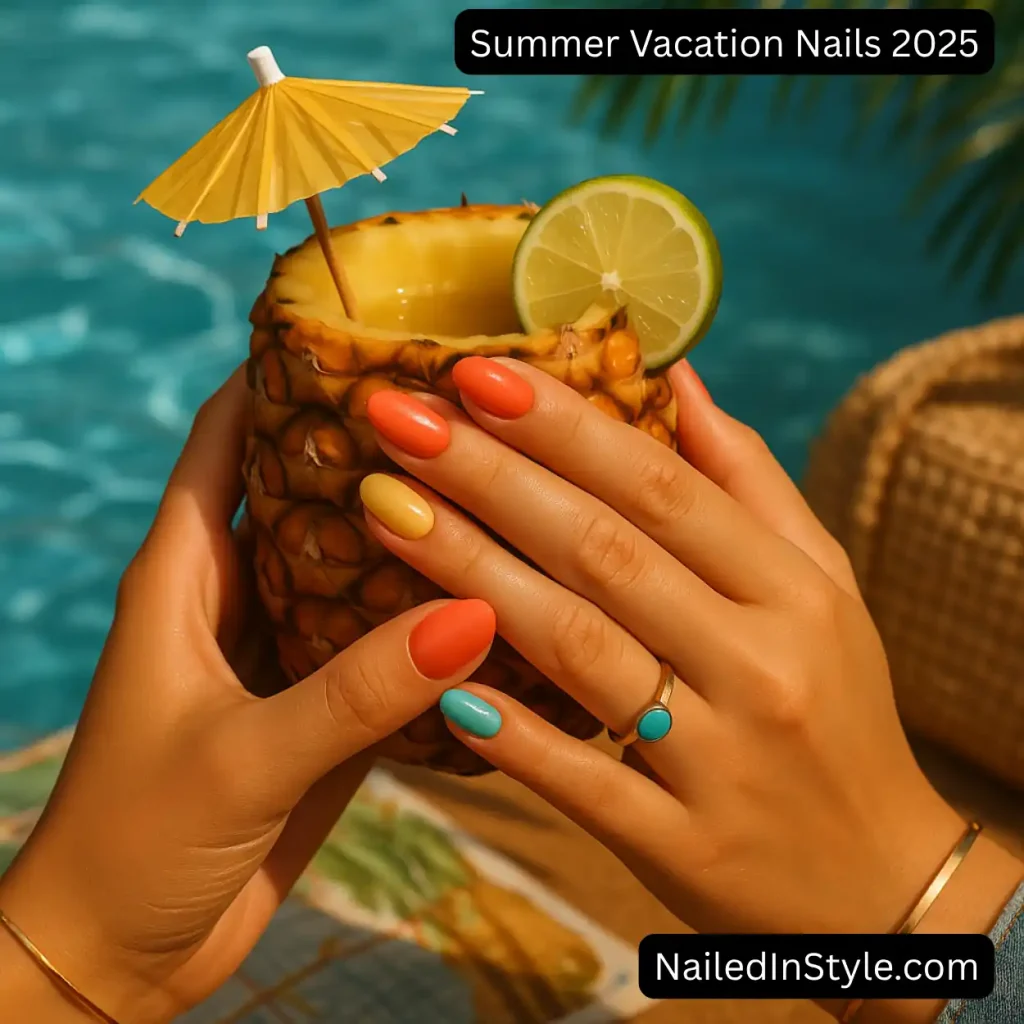 Summer Vacation Nails 2025 Medium-toned hands holding a tropical pineapple drink, showing almond nails in glossy coral, teal, and butter-yellow mix against pool water and palm leaves.