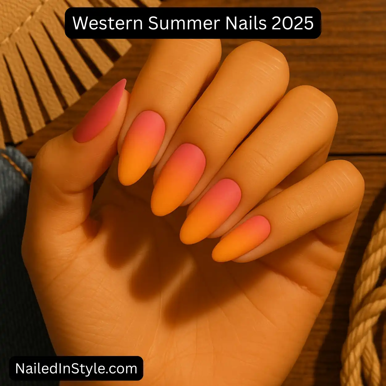 Close-up of a warm-toned hand with almond-shaped nails in a matte ombre gradient from pink to orange to tan, styled with denim, fringe, and rope in golden-hour light.
