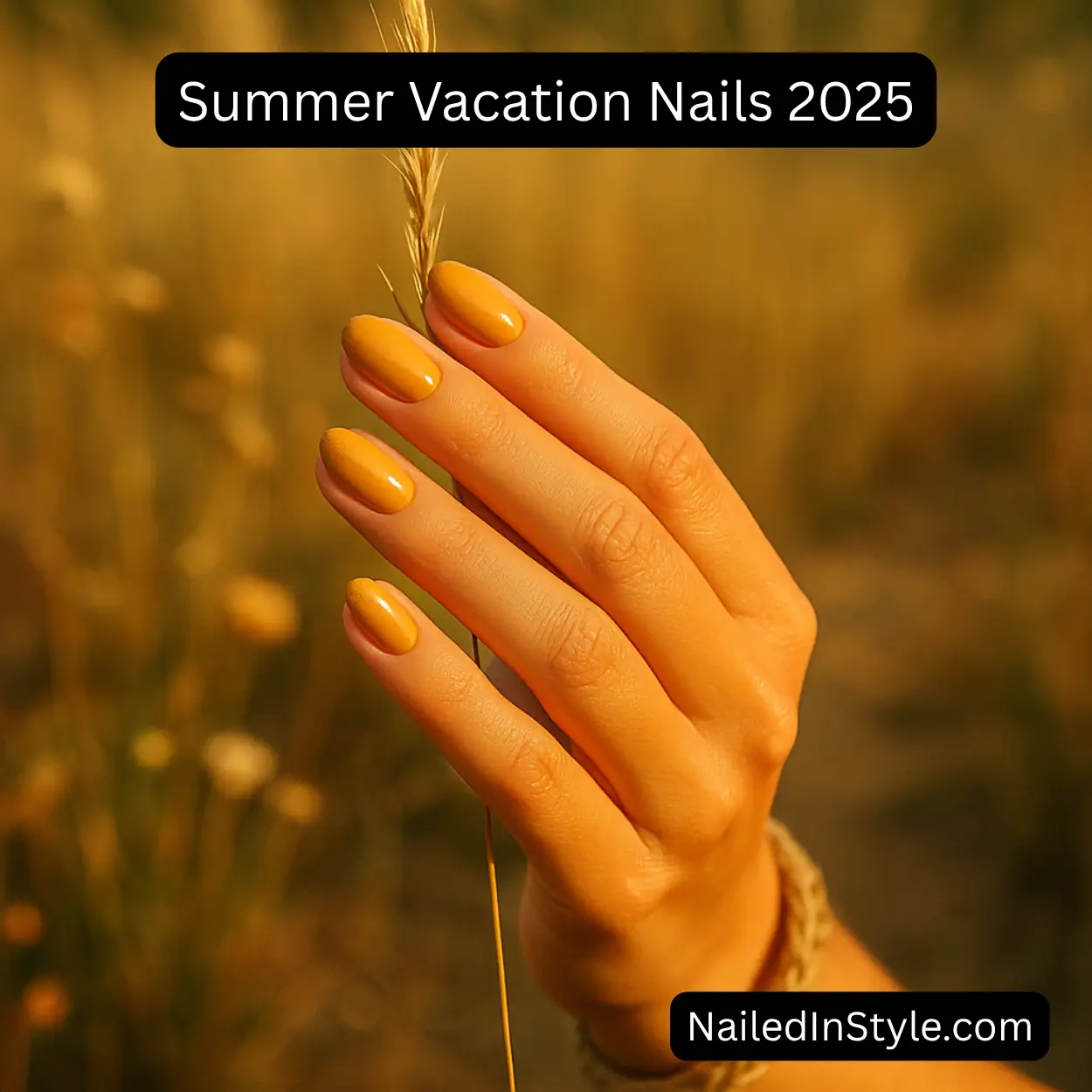 Medium-toned hand brushing through golden field grass, showcasing short almond nails painted rustic mustard yellow with delicate gold shimmer tips and a braided hemp bracelet.