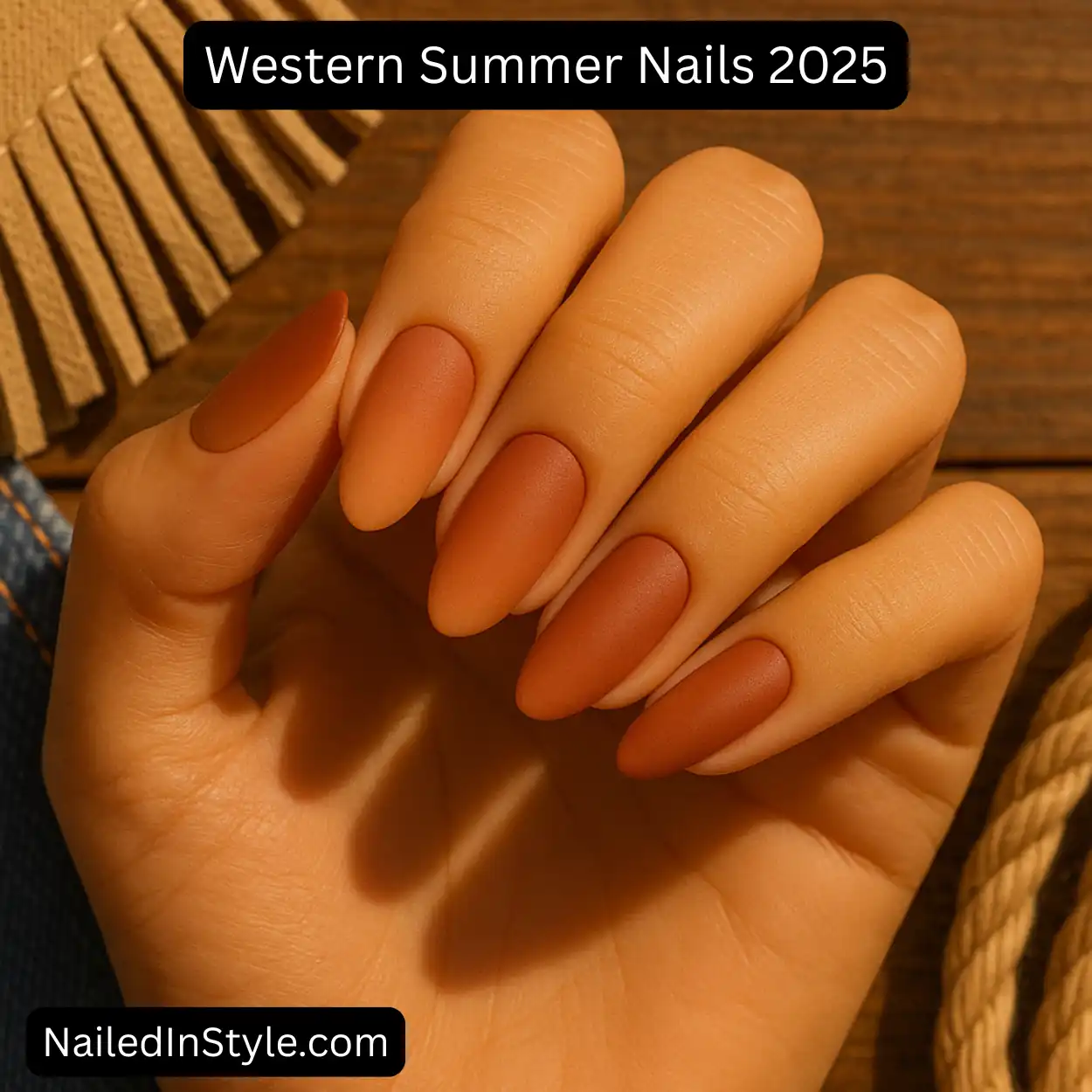 Close-up of a medium-toned hand with almond-shaped nails featuring a terracotta ombre fade, styled against suede fringe, rustic wood, and denim in warm light.