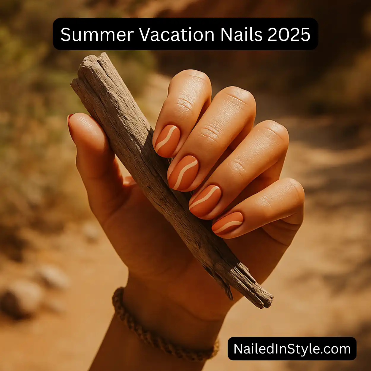 Medium-toned hand holding driftwood on a sunlit canyon trail, showcasing terracotta-base almond nails with soft beige wave accents and a rustic woven bracelet.