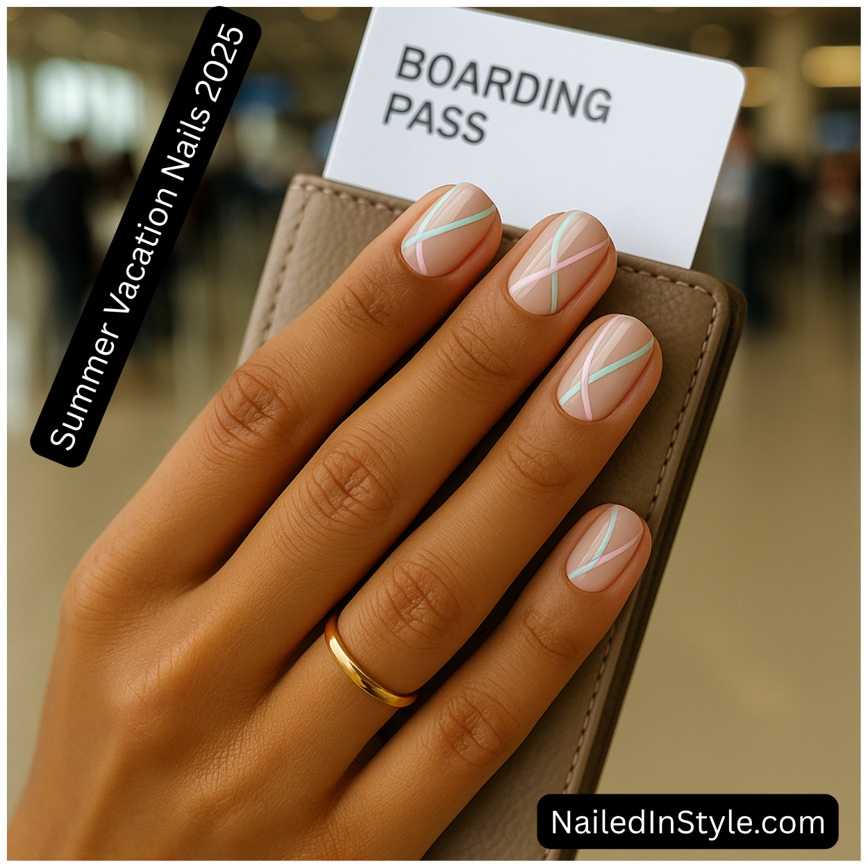 Medium-toned hand holding a boarding pass and taupe leather wallet, showcasing a nude-base geometric manicure outlined with thin pastel pink, mint, and sky blue lines, and a minimalist gold band.