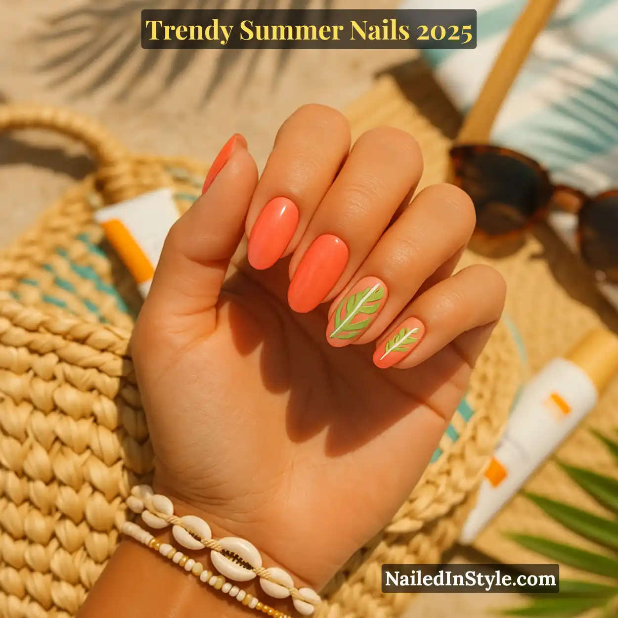 Trendy Summer Nails 2026: Top Designs, Colors & Ideas for the Season 25 Fair-toned hand with coral almond nails and tropical green leaf nail art, resting on a woven beach bag near vacation accessories.