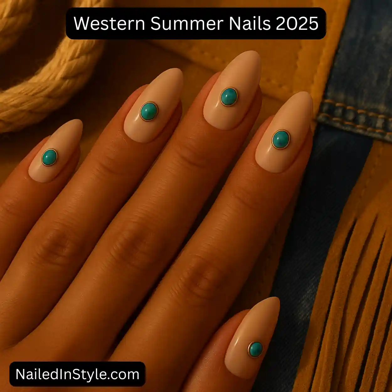 Close-up of a fair-toned hand with almond-shaped nude gel nails, each adorned with a bright turquoise stud near the cuticle. Background includes rope, denim, and suede fringe under warm golden light.