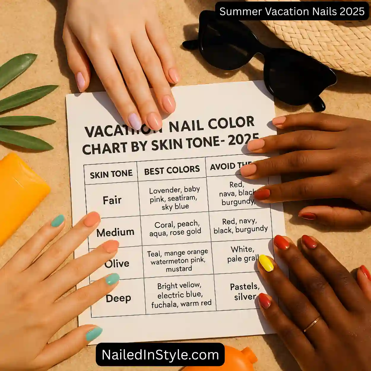 Four diverse hands on beach sand framing a printed nail color chart; each hand’s nails match its recommended shades for fair, medium, olive, and deep skin.