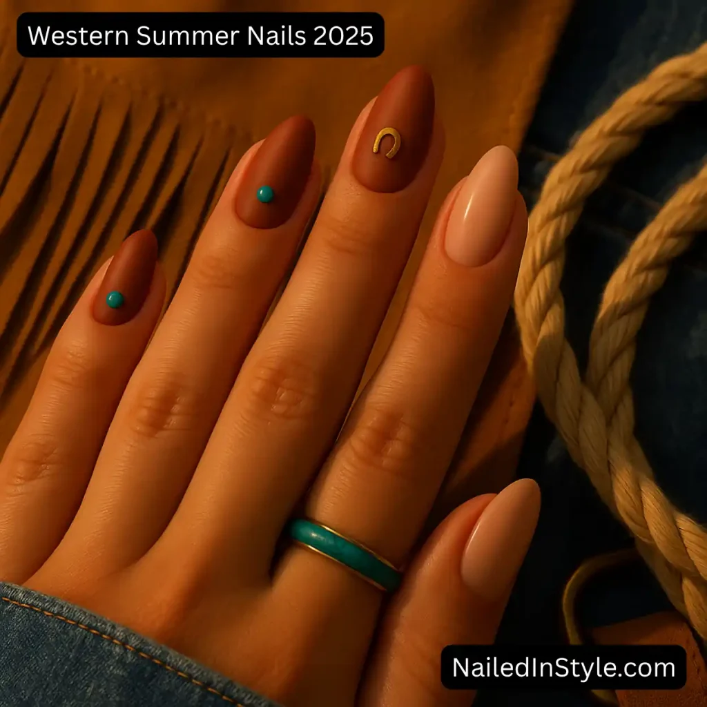 Western Summer Nails 2025 Hand with almond terracotta nails accented by turquoise studs and a gold horseshoe, resting on suede fringe beside denim and rope, under warm sunset light.