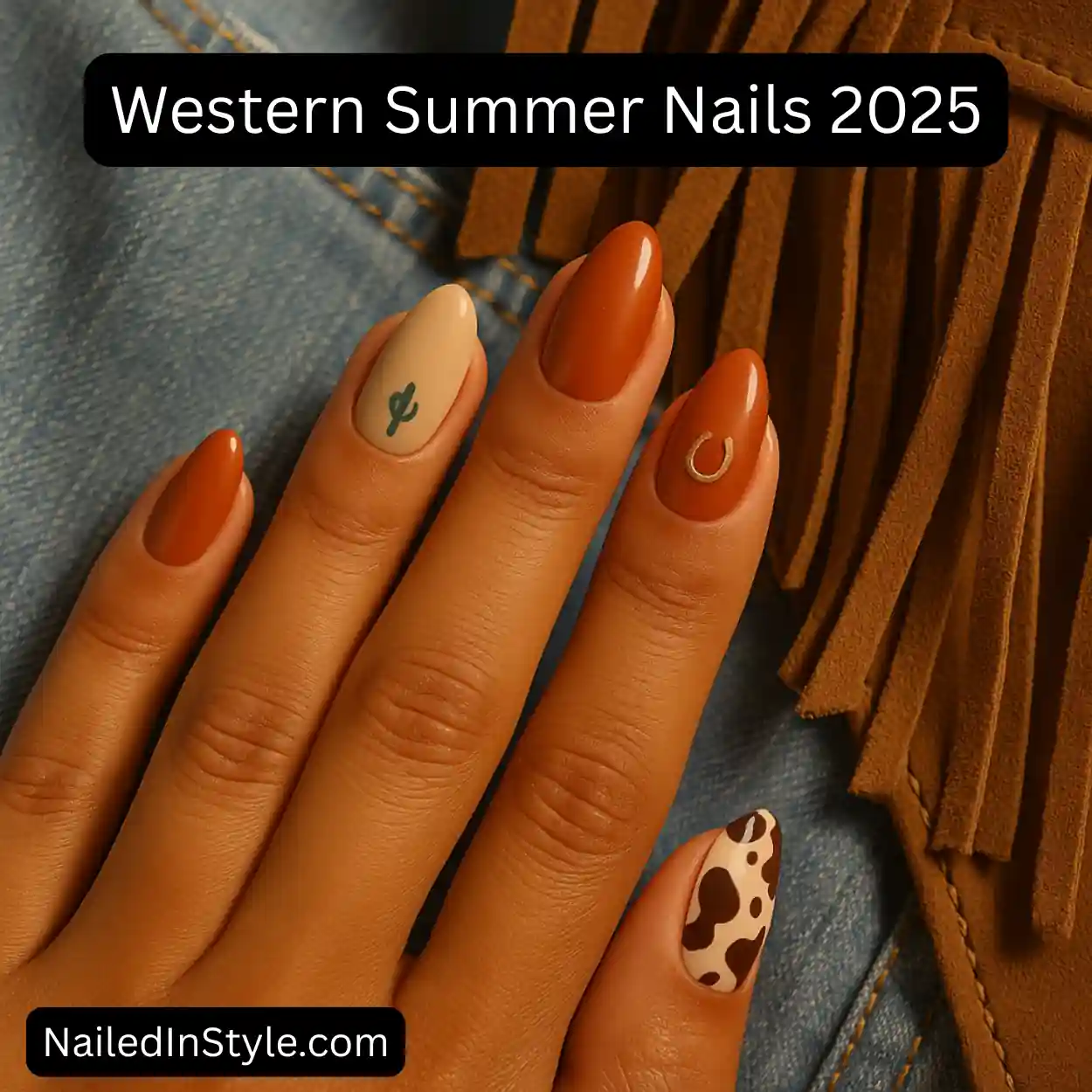 Editorial photo of a hand with western-inspired nails featuring earthy tones and desert motif accents, styled with denim and fringe elements