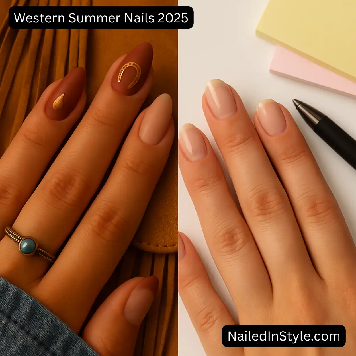 Split-screen photo: left shows western-inspired matte brown nails with gold horseshoe and teardrop accents on suede fringe; right shows plain nude nails slightly chipped beside office notepads and a pen.