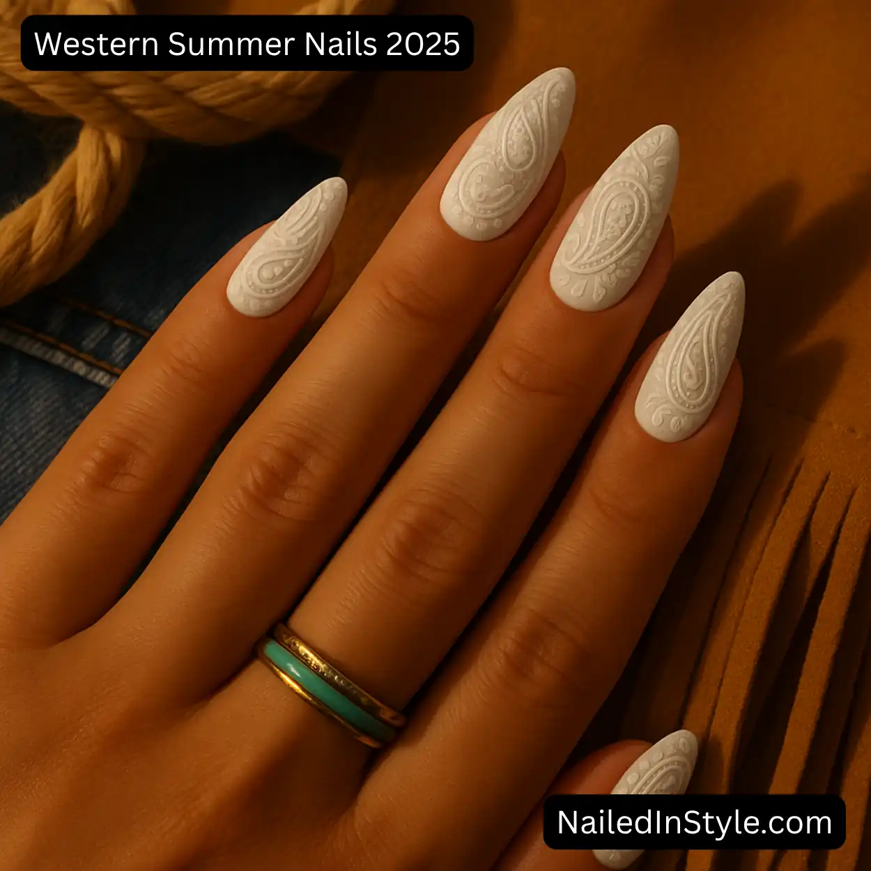 Close-up of a medium-toned hand with almond matte white nails embossed in subtle white paisley patterns; turquoise ring, suede fringe, denim, and rope under golden light.