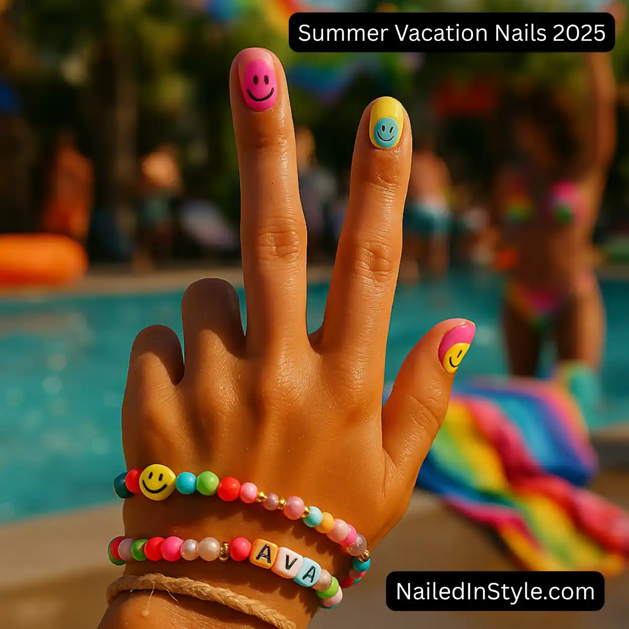 Fair-toned hand flashing a peace sign by the pool, showcasing short rounded nails with neon pink, yellow, and aqua smiley face art on a glossy pastel base, and wearing beaded charm bracelets.