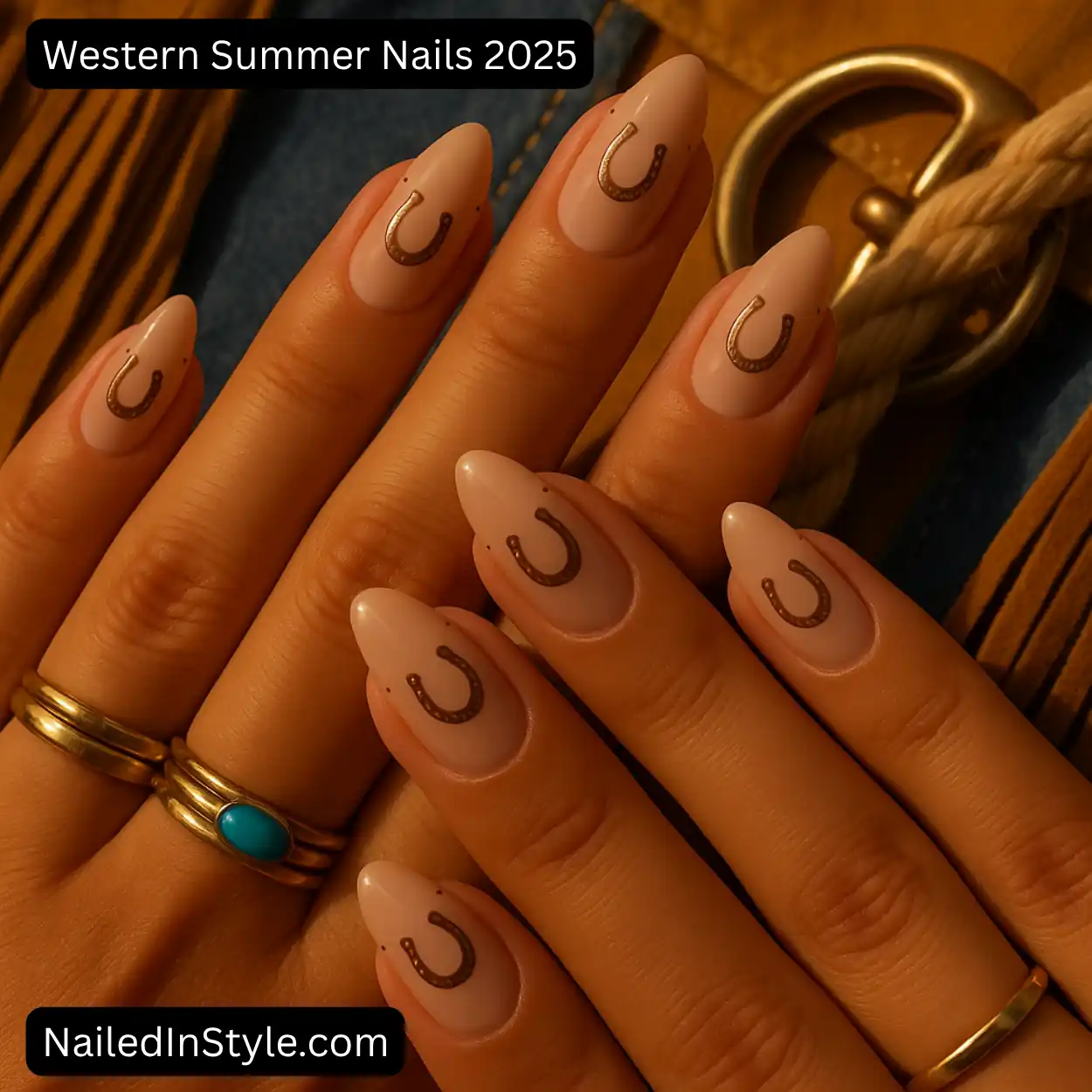 Two medium-toned hands overlapped diagonally, almond nude-beige nails stamped with bronze horseshoes and micro-dots; turquoise and brass rings, denim, suede fringe, rope, and a brass saddle buckle under golden-hour light.