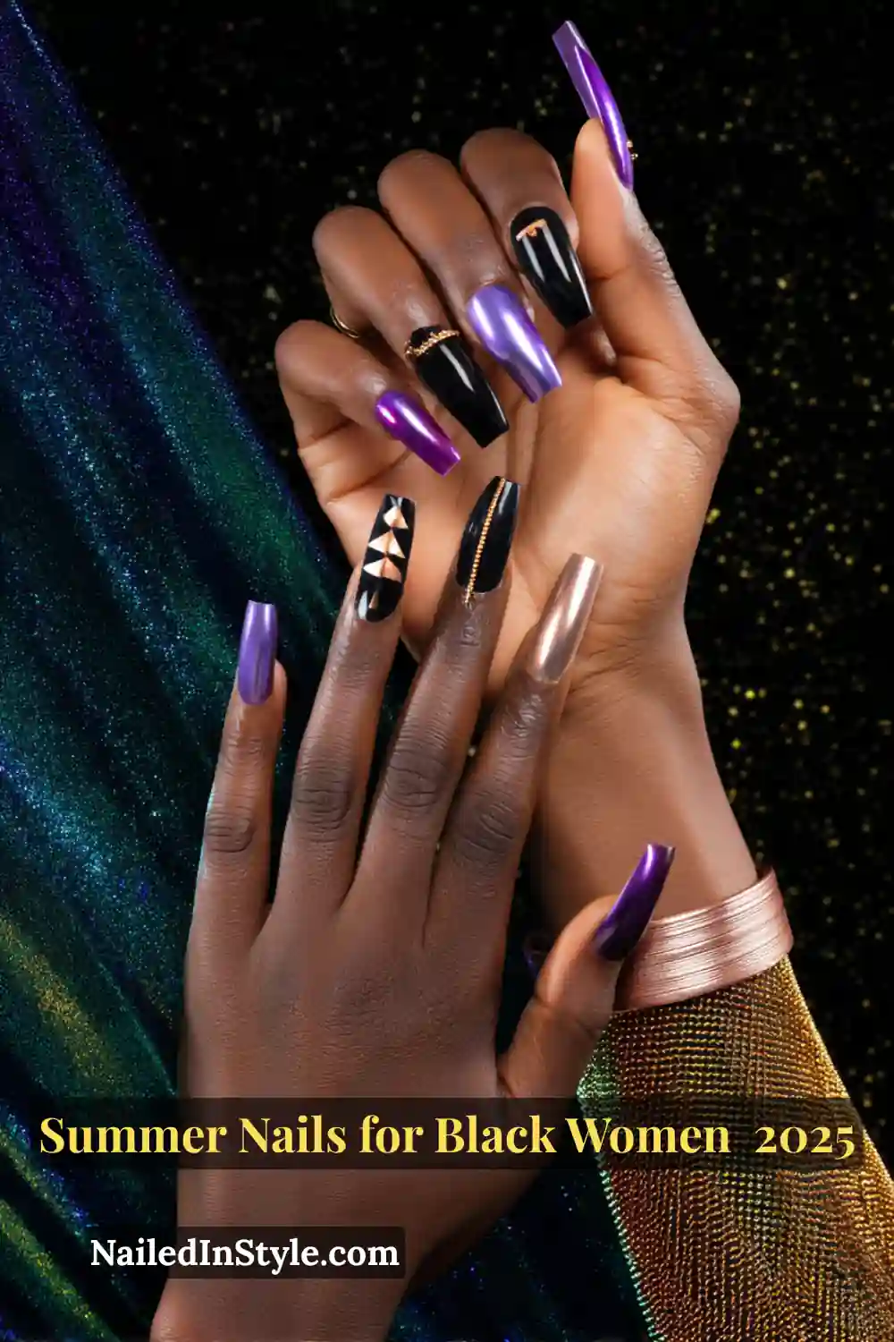 Close-up of a Black woman's hands with futuristic summer nails in violet, gold chrome, and black, featuring geometric and chain designs.