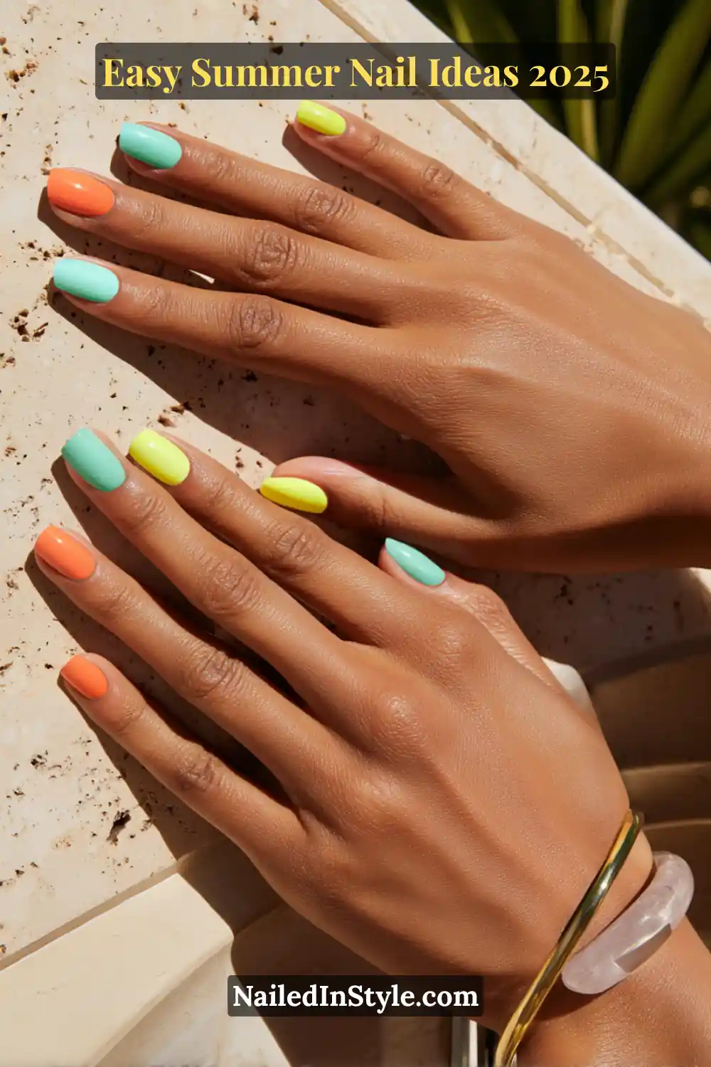 Easy Summer Nail Ideas 2026 That Look Gorgeous with Minimal Effort 11 Hands with short square nails in vibrant summer shades of tangerine orange, aqua blue, and lemon yellow—bold gel manicure for olive skin tones in 2025.