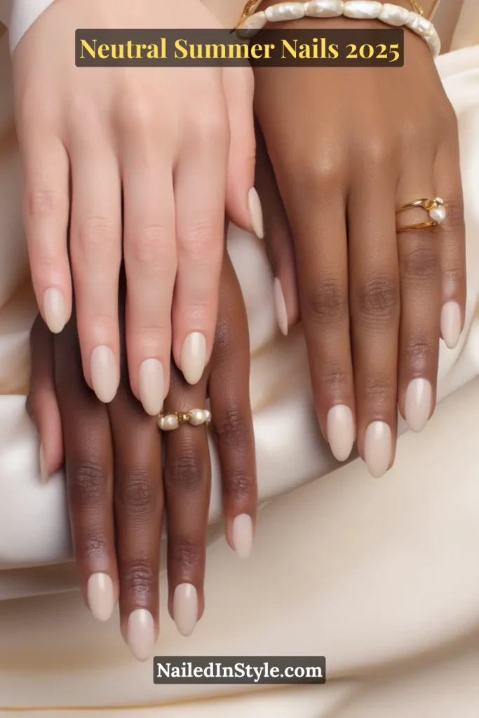 Neutral Summer Nails Close-up of two hands with almond-shaped neutral beige nails, showcasing elegant simplicity across light and dark skin tones on silky ivory fabric.