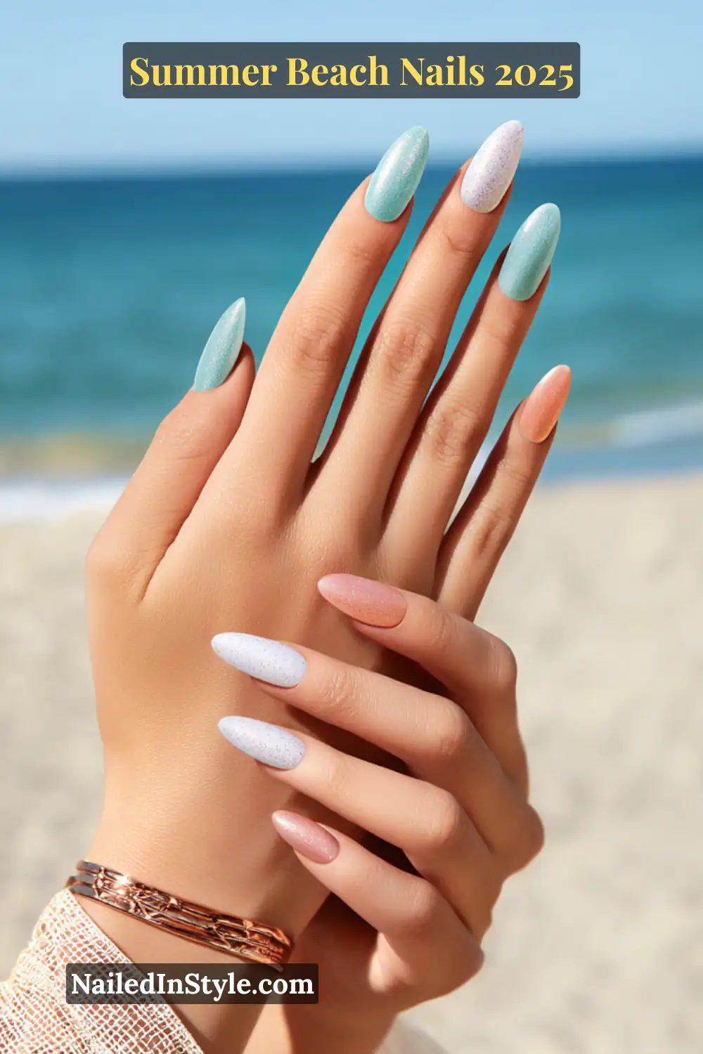 Summer Beach Nails 2026: Tropical, Trendy & Totally You 8 Light-skinned hands with summer beach nails in teal, rose pink, and white glitter with a jelly chrome finish