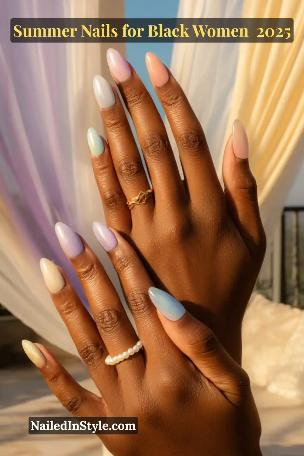 Close-up of Black woman's hands with pastel ombré nails on clear tips, perfect summer manicure for 2025