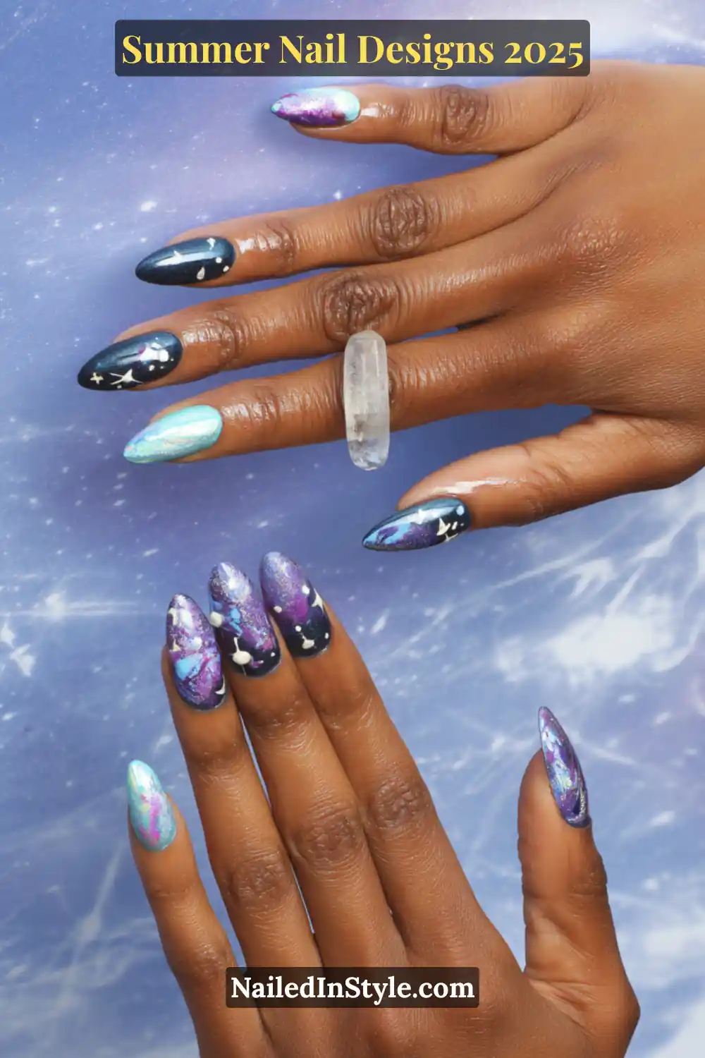 Celestial-themed summer nail art with galaxy chrome, aura swirls, and white star decals on deep blue and purple bases