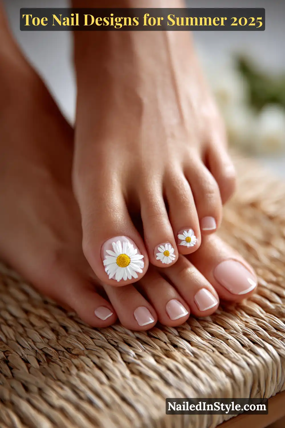 Toe Nail Designs for Summer 2026: Fresh Looks for Every Step 31 Close-up of natural female toes with nude French tips and hand-painted white daisy flowers on accent nails, styled on a woven straw mat