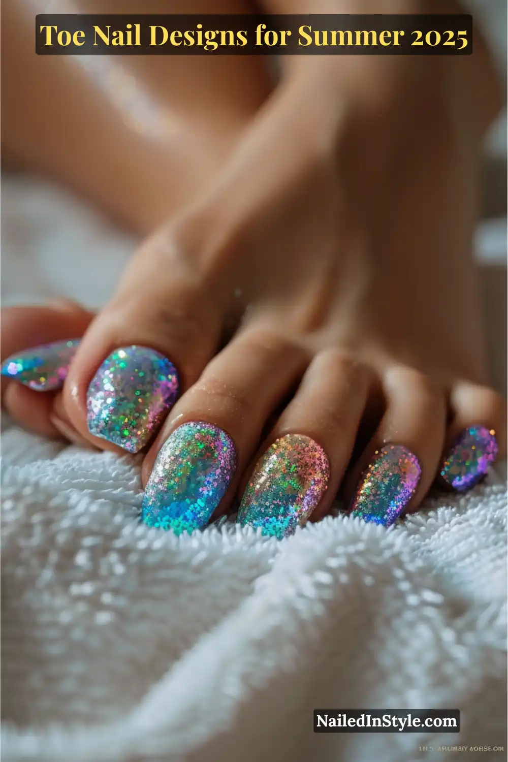 Toe Nail Designs for Summer 2026: Fresh Looks for Every Step 19 Close-up of toes with rainbow glitter polish sparkling in soft daylight, resting on a white towel