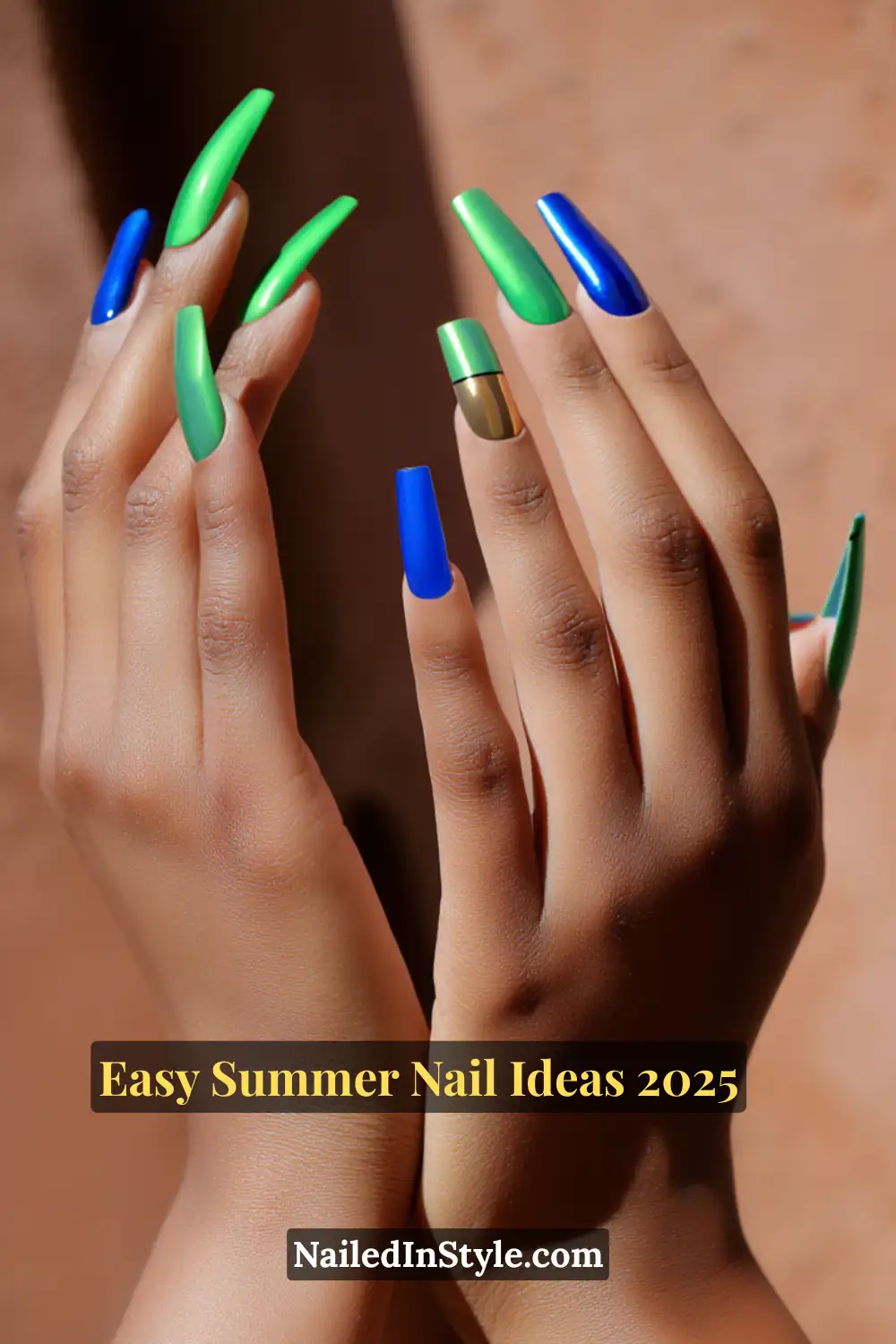 Easy Summer Nail Ideas 2026 That Look Gorgeous with Minimal Effort 13 Hands with long coffin-shaped nails in neon green, royal blue, and metallic chrome gold—striking summer gel manicure for deep skin tones, 2025 trend.