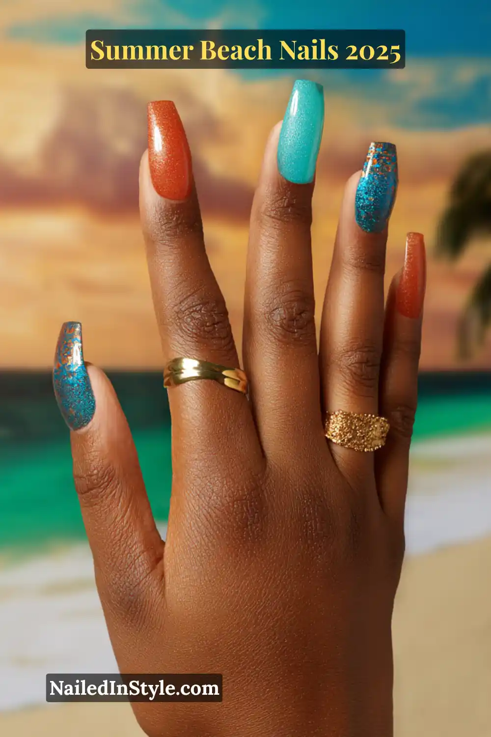 Summer Beach Nails 2026: Tropical, Trendy & Totally You 9 Olive skin tone hand with coral, turquoise, and bronze summer nails featuring shimmer, foil, and glow-in-the-dark effects