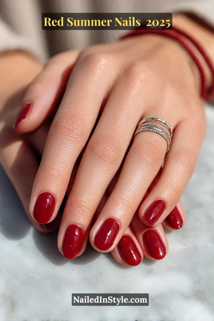 Red Summer Nails Close-up of manicured hands with shiny red almond-shaped summer nails on fair skin