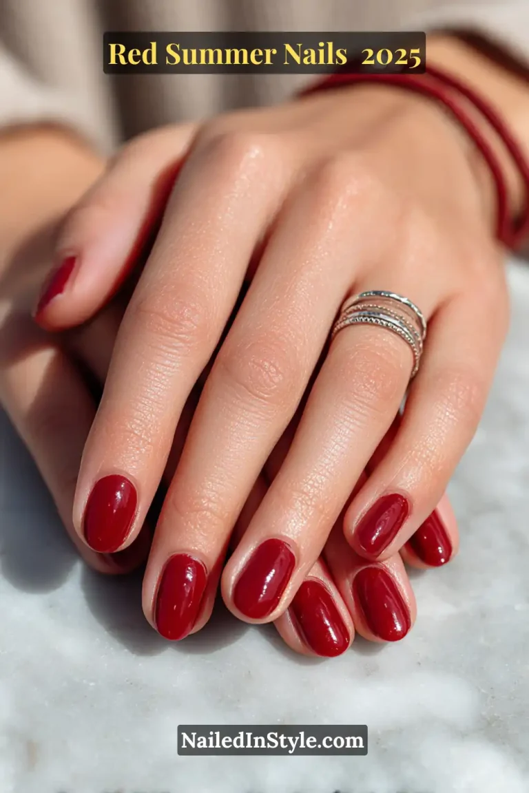 Red Summer Nails Close-up of manicured hands with shiny red almond-shaped summer nails on fair skin