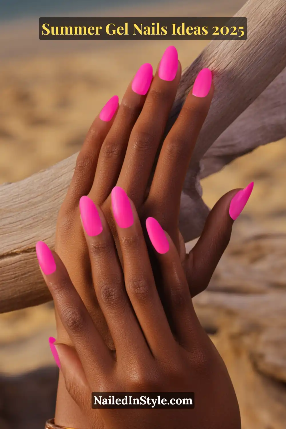 Summer Gel Nails Ideas 2026 22 Bold fluorescent pink gel nails with a matte finish, shown on almond-shaped nails under summer light.
