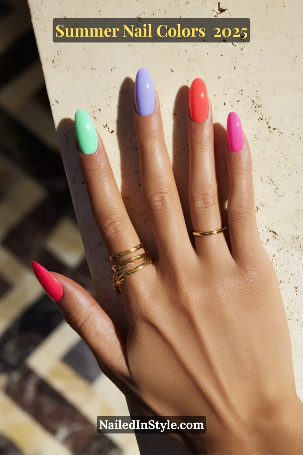 Hottest Summer Nail Colors 2026: Bold, Breezy & On-Trend 1 Summer Nail Colors Colorful summer nails in bold solid shades including mint green, lilac, coral, fuchsia, and hot pink.