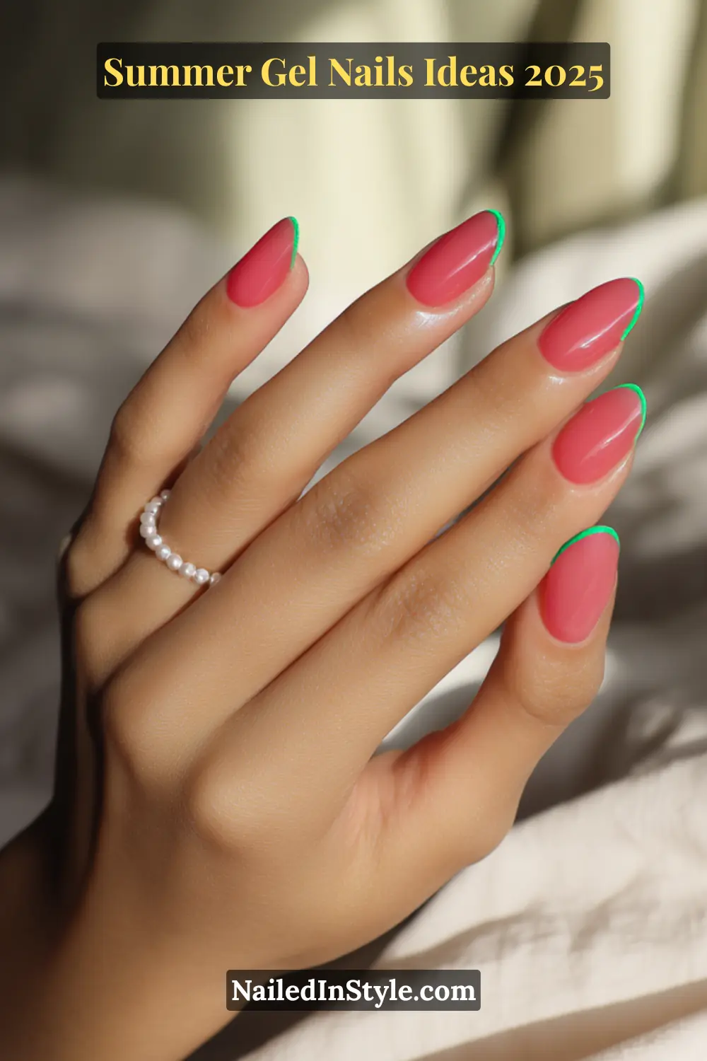 Summer Gel Nails Ideas 2026 10 A close-up of elegant almond-shaped nails painted in translucent watermelon pink gel with vivid neon green French tips, glowing under soft sunlight.