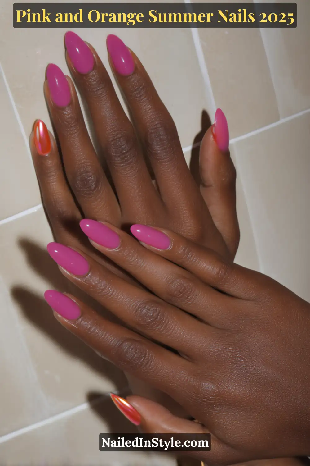 Pink and Orange Summer Nails 2026: Sunset Tips, Endless Vibes 23 Hands with oval nails painted in glossy magenta jelly polish, featuring a metallic orange chrome accent on each ring finger.