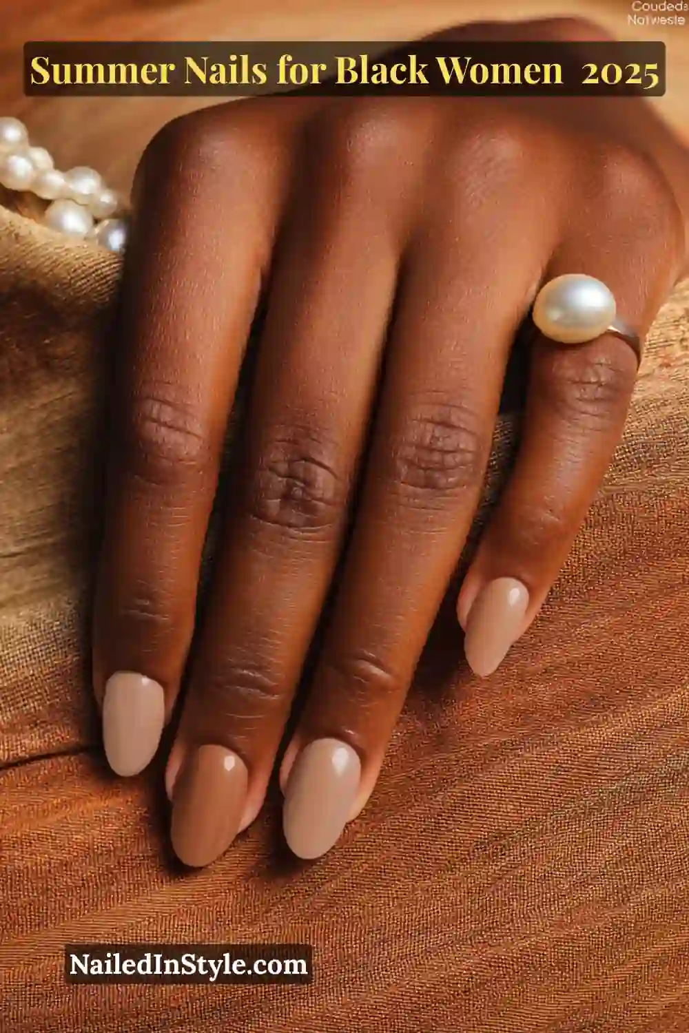 Close-up of a Black woman’s hand with short almond-shaped nails in warm nude, toffee, and mocha shades that complement her skin tone.